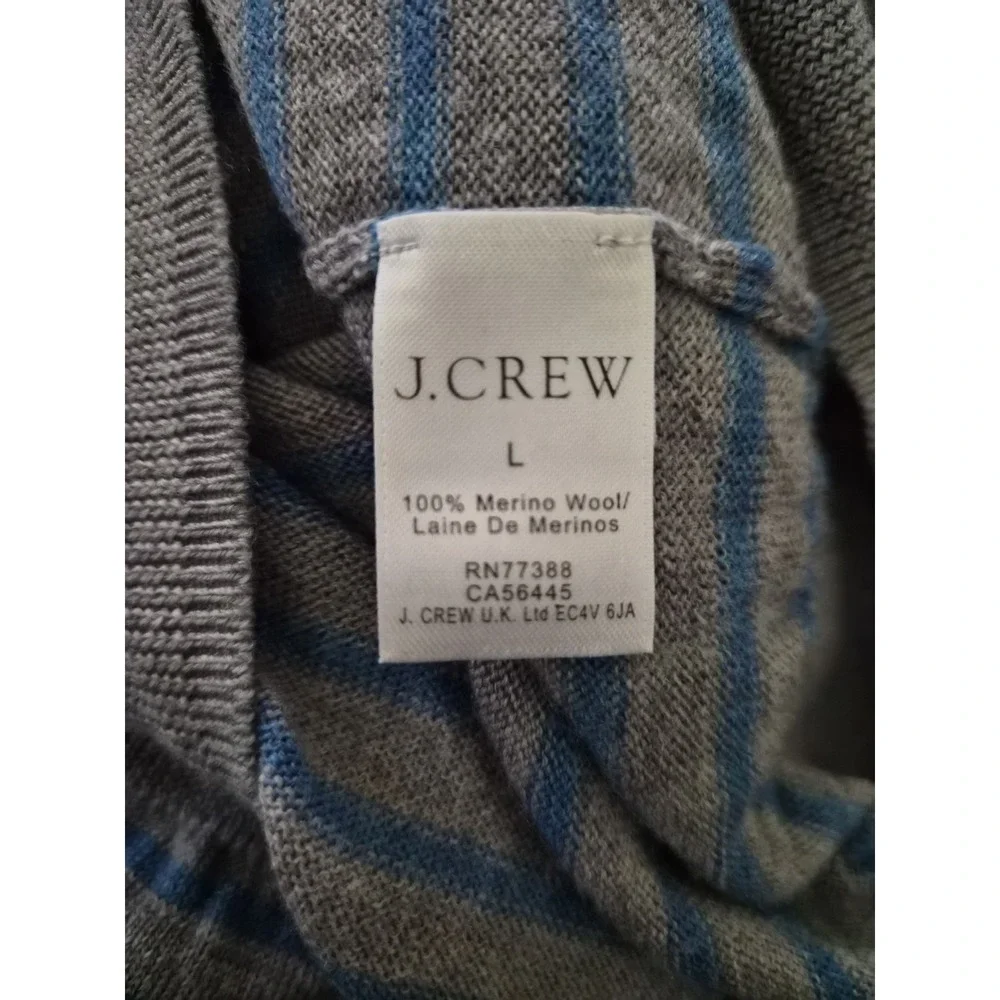 J.Crew 100% Merino Wool Sweater Large Blue Gray Stripe V Neck Lightweight